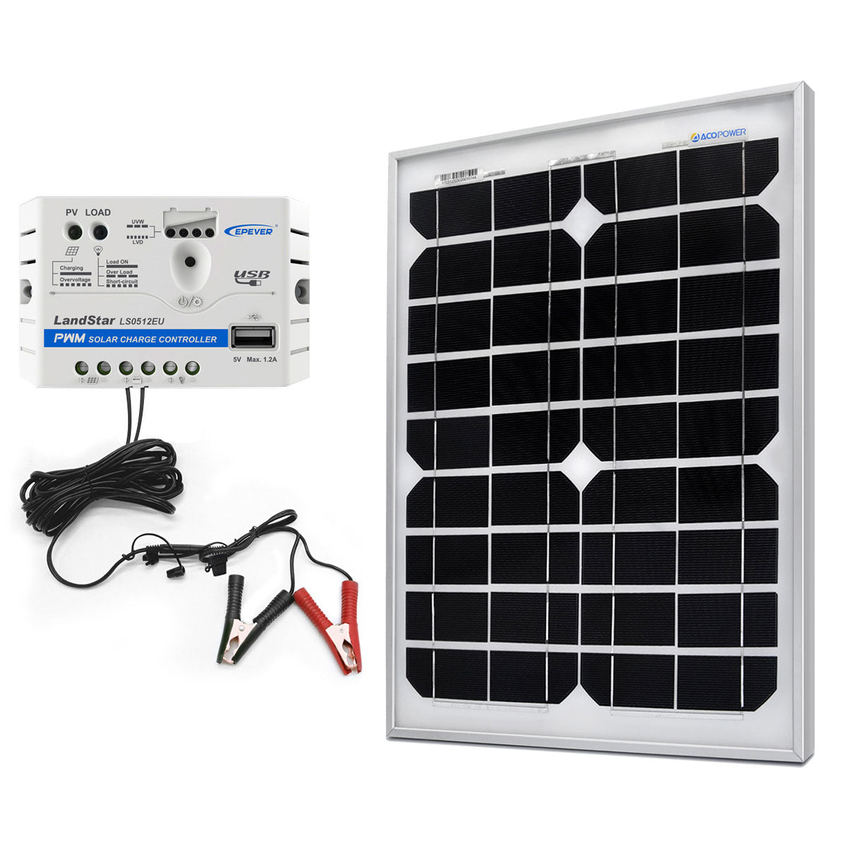 ACOPower 20W 12V Solar Charger Kit, 5A Charge Controller with Alligator Clips 20W+PWM5AwSAE