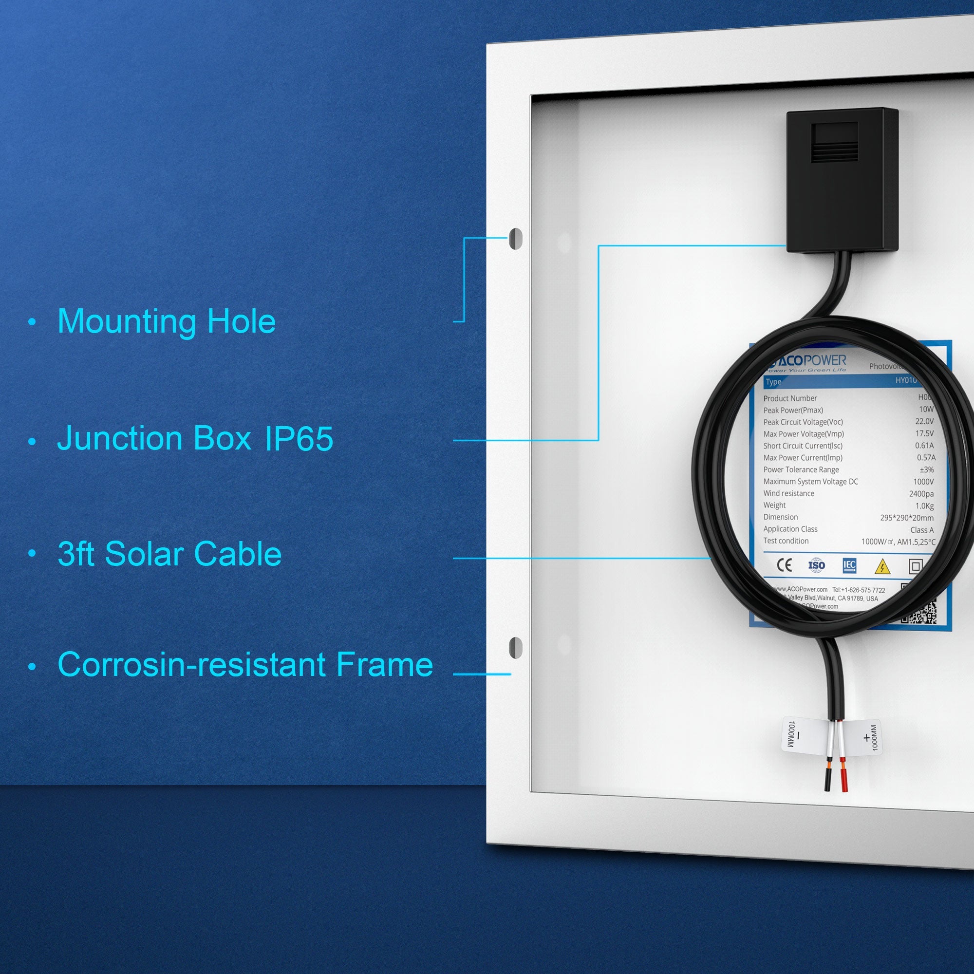 ACOPOWER 10 Watt 12 Volt Monocrystalline Solar Panel HY010-12M