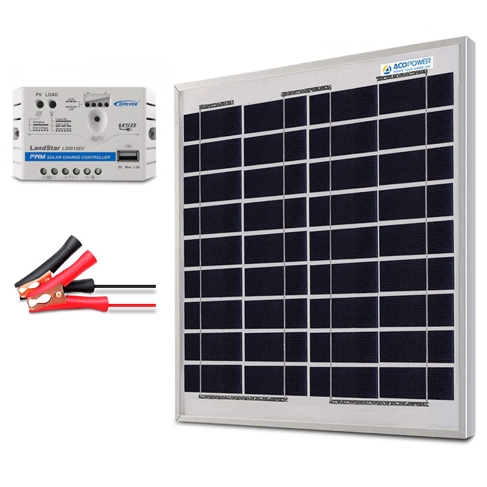 ACOPower 15W 12V Solar Charger Kit, 5A Charge Controller with Alligator Clips HY-CKP-15W