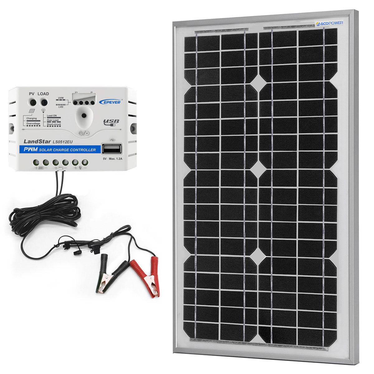 ACOPower 30W 12V Solar Charger Kit, 5A Charge Controller with Alligator Clips HY-CKM-30W