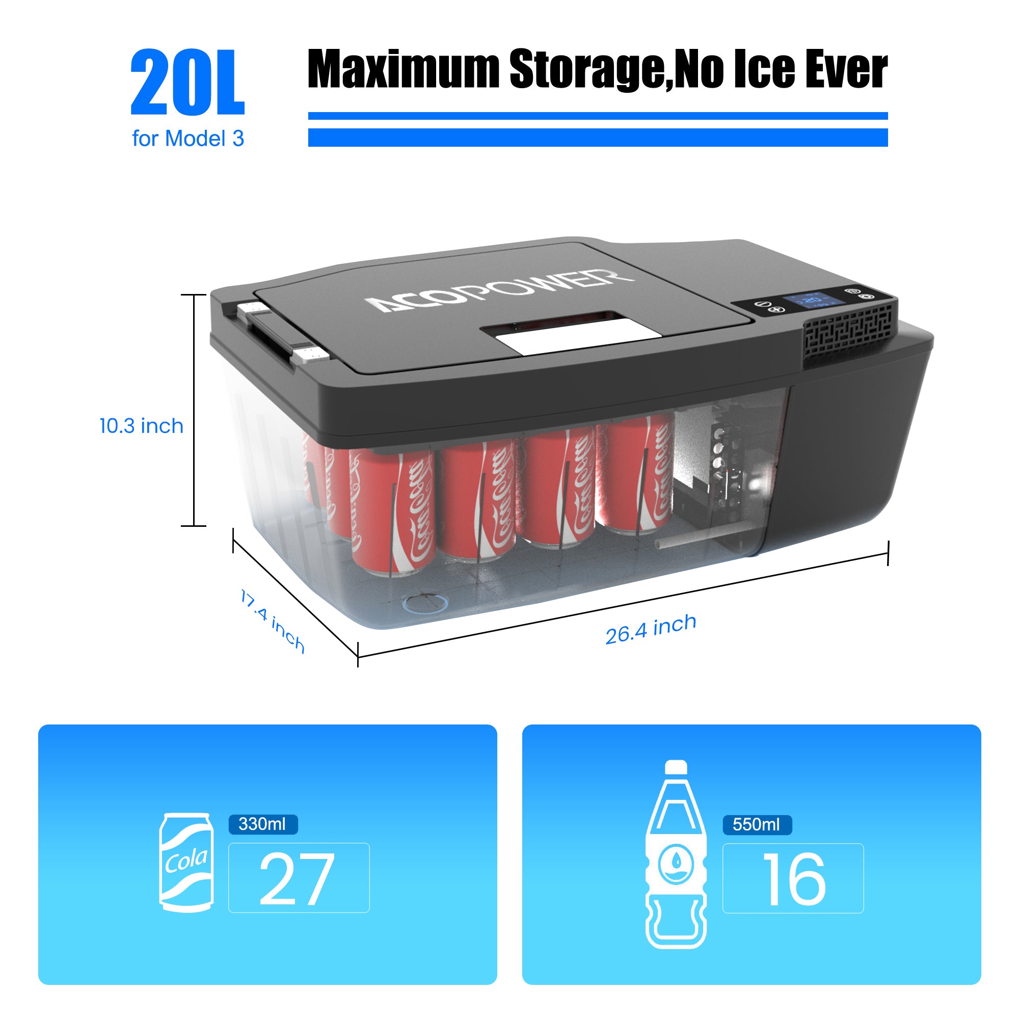 ACOPOWER TesFridge Portable Freezer Specially Designed for Tesla Model 3 HY-T20