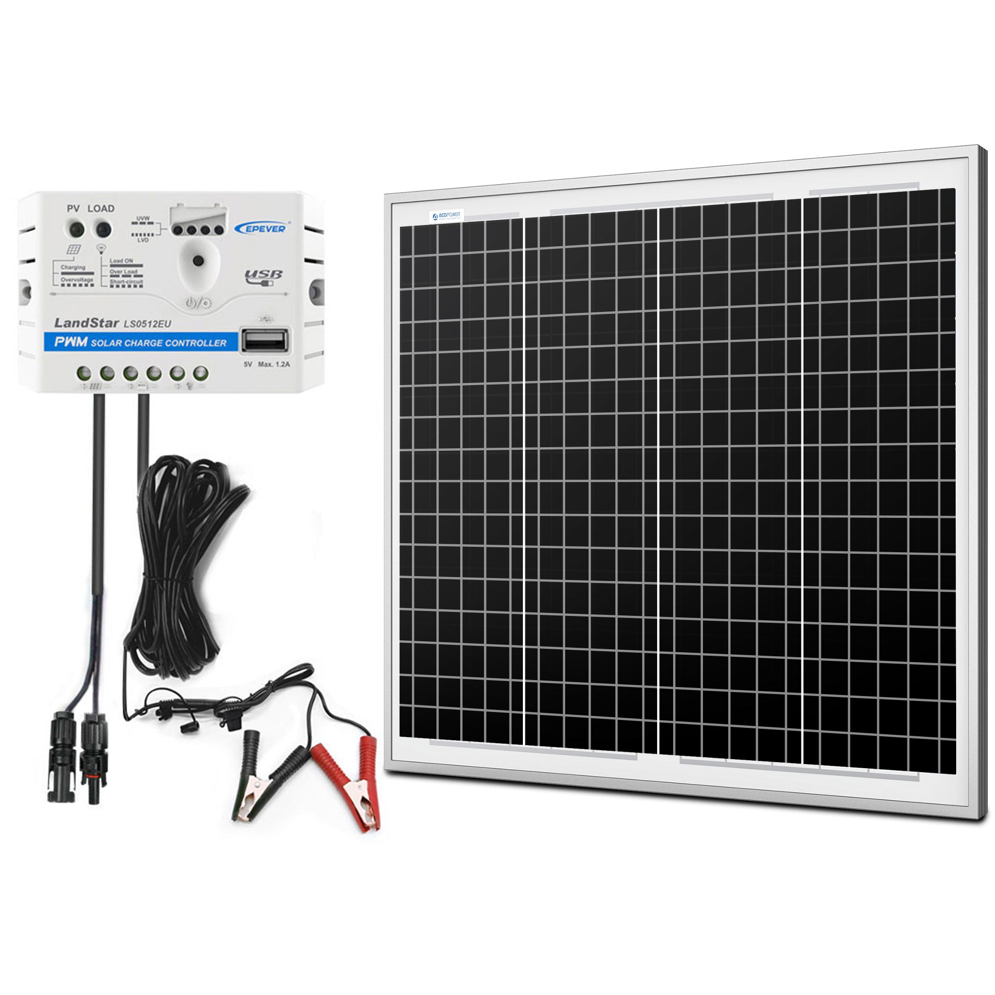 ACOPOWER 50W 12V Solar Charger Kit, 5A Charge Controller with Alligator Clips HY-CKM-50W
