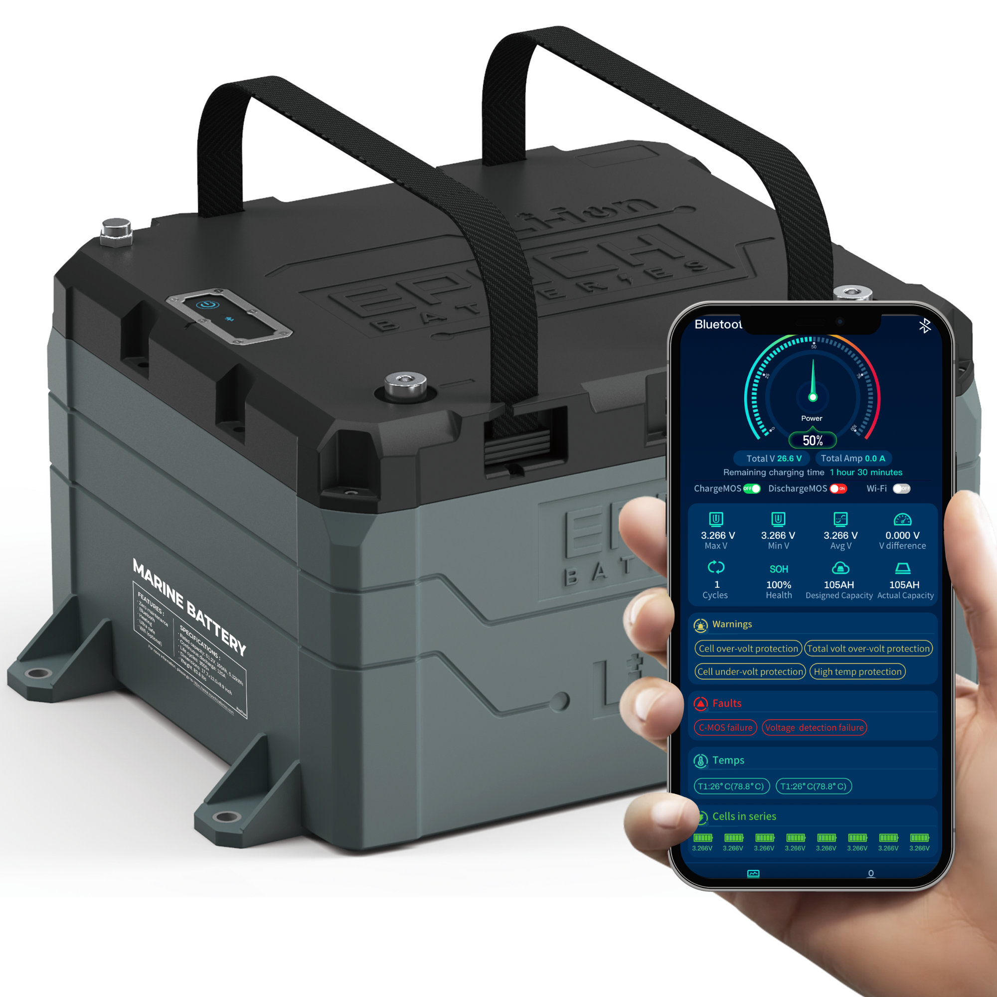 Epoch 48V 50Ah LiFePO4 Lithium Battery - Bluetooth, Heating, Waterproof (B4850A)