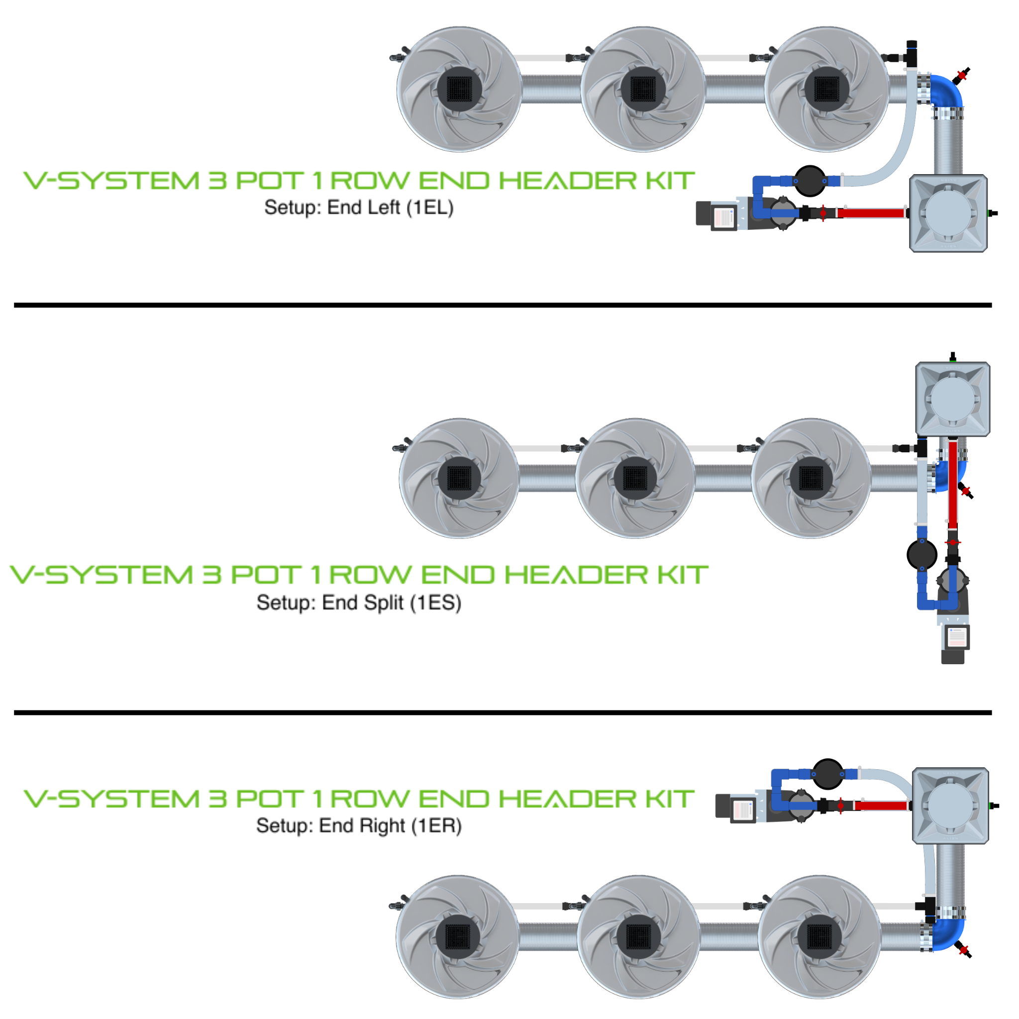 Alien Hydroponics V-SYSTEM 3 Pot 1 Row Kit
