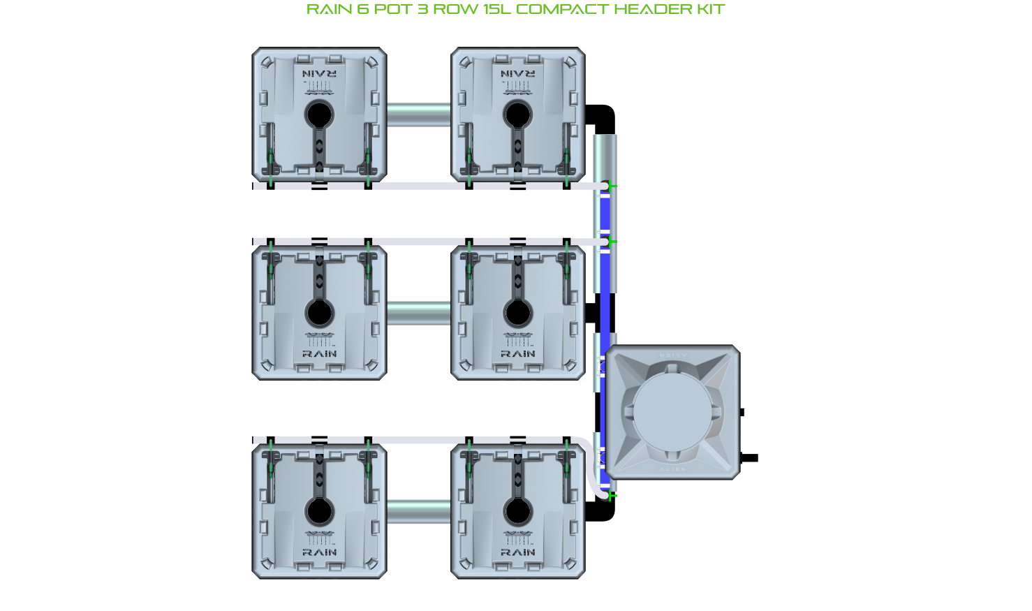 Alien Hydroponics RAIN 6 Pot 3 Row Kit