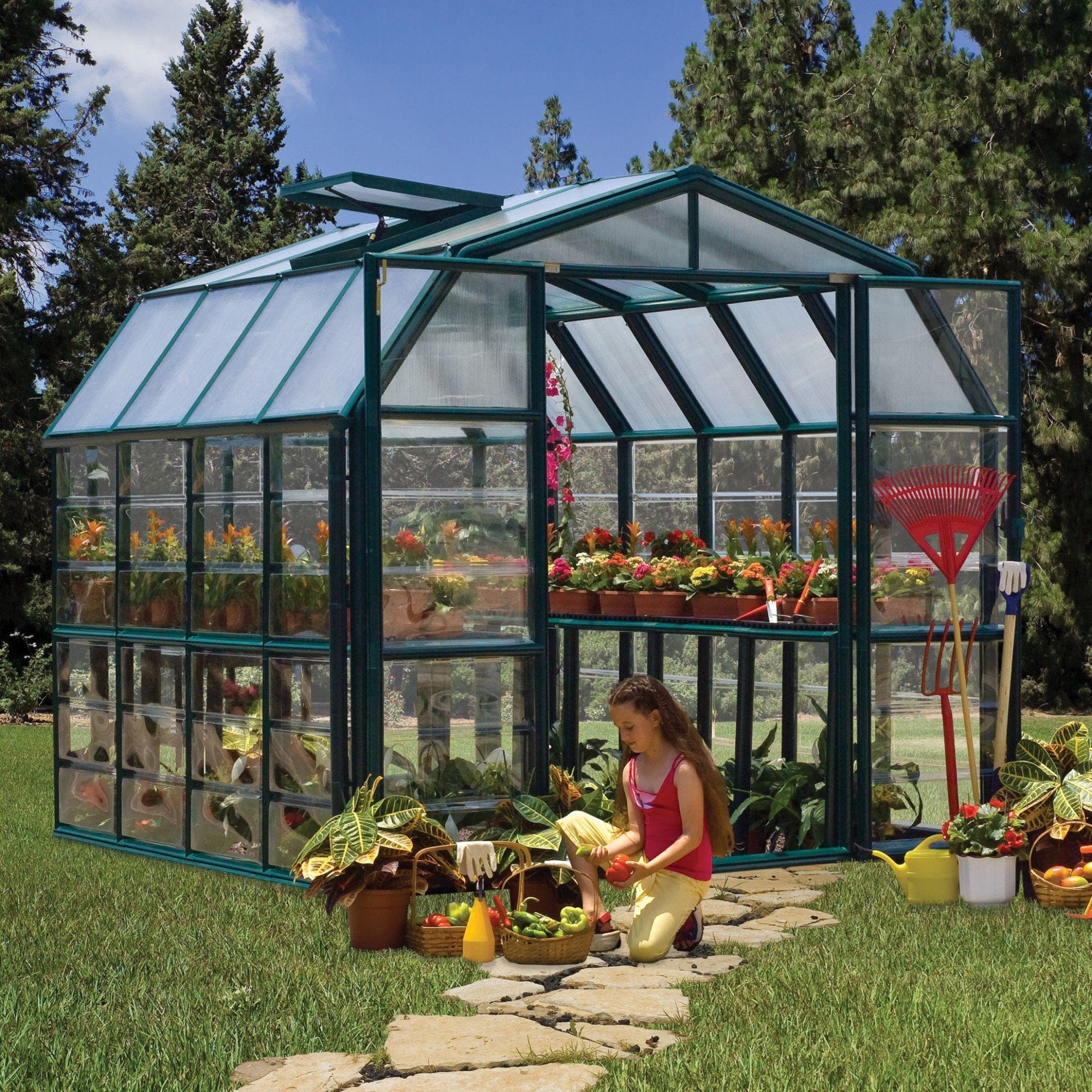 Palram - Canopia | Grand Gardener Greenhouse Kit - 8 Ft Wide - Green - 0.8mm Clear Polycarbonate Glazing