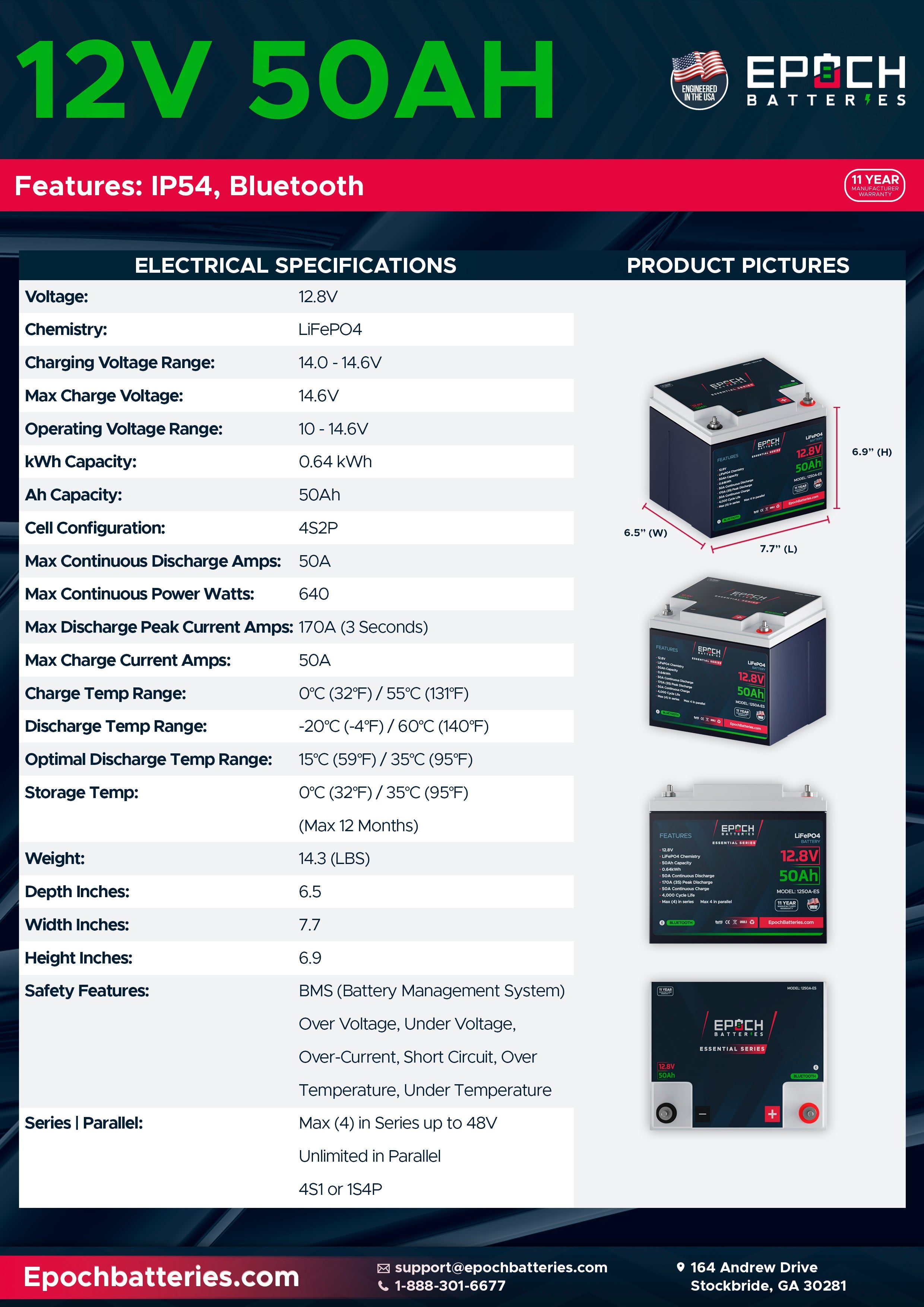 Epoch 12V 120Ah Pro Series - LiFePO4 Cranking & Deep Cycle Lithium Battery (Dual Purpose) (DP12120H)