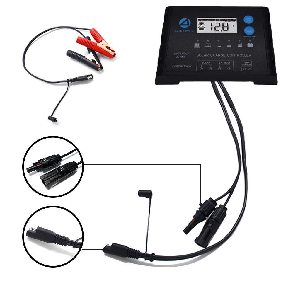 ACO Power ProteusX 20A PWM Charge Controller w/ Alligator Clips & Solar Connector HY-PWM-PX20AK