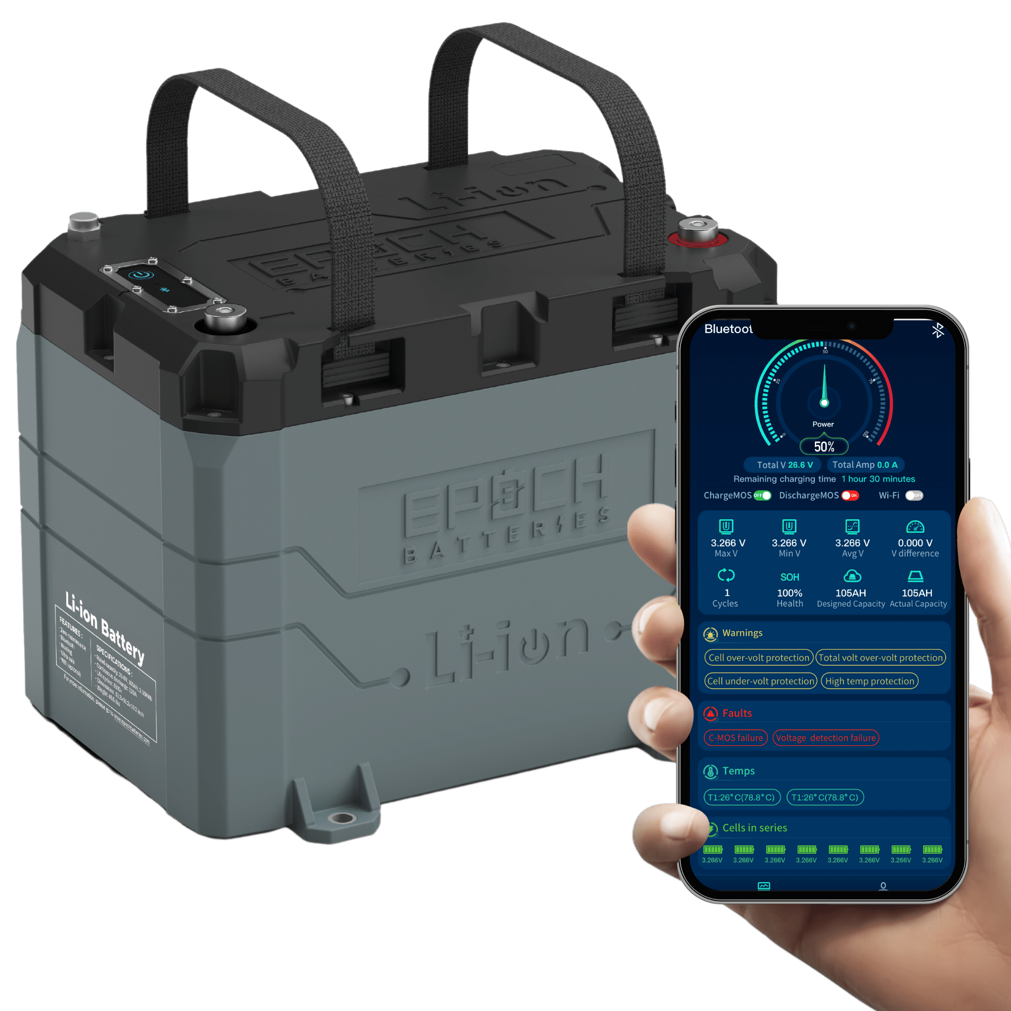 Epoch 12V 50Ah LiFePO4 Lithium Battery - Bluetooth, Heating, Waterproof (B1250B)