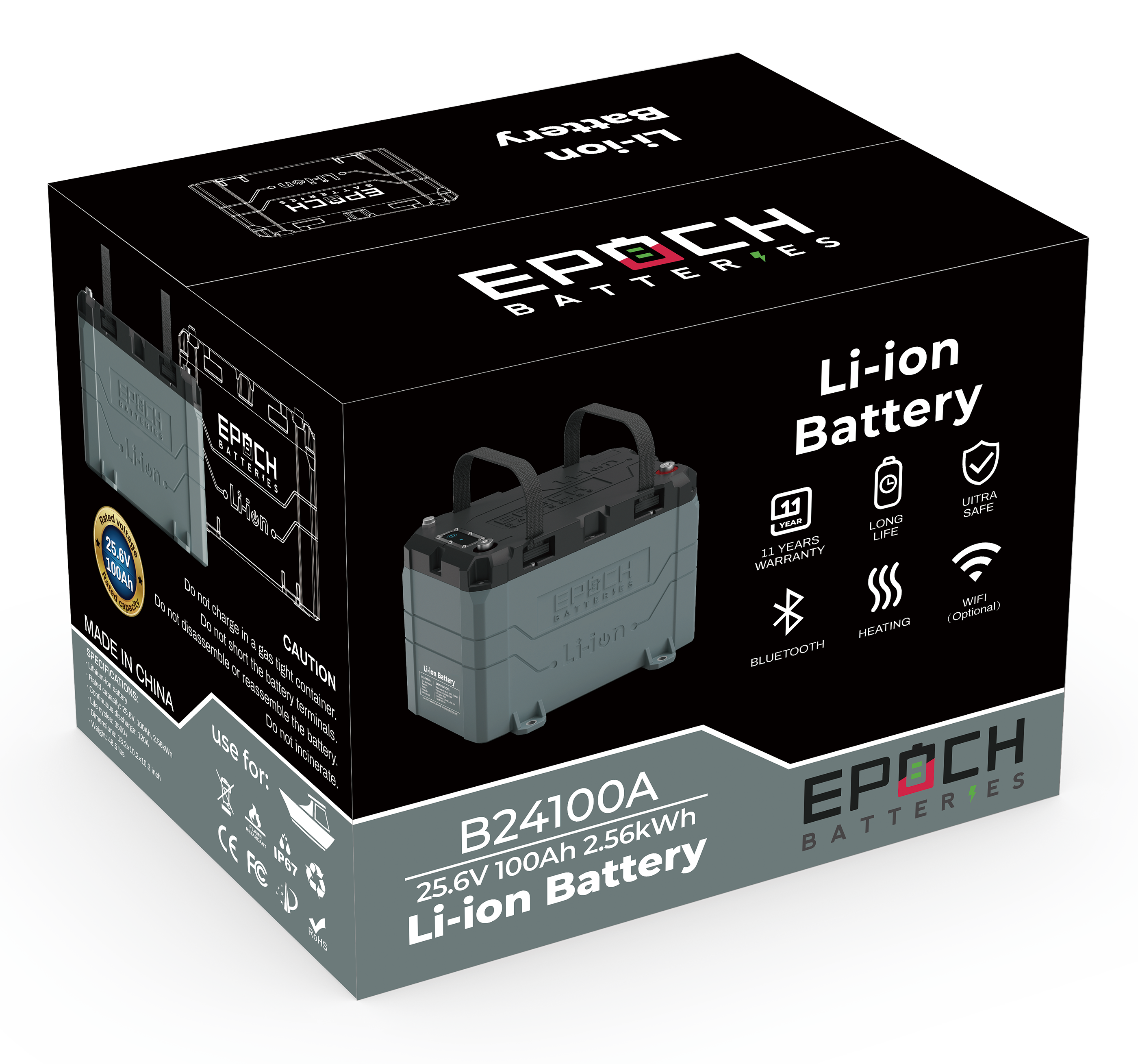 Epoch 24V 100Ah LiFePO4 Lithium Battery - Bluetooth, Heating, Waterproof (B24100A-C)