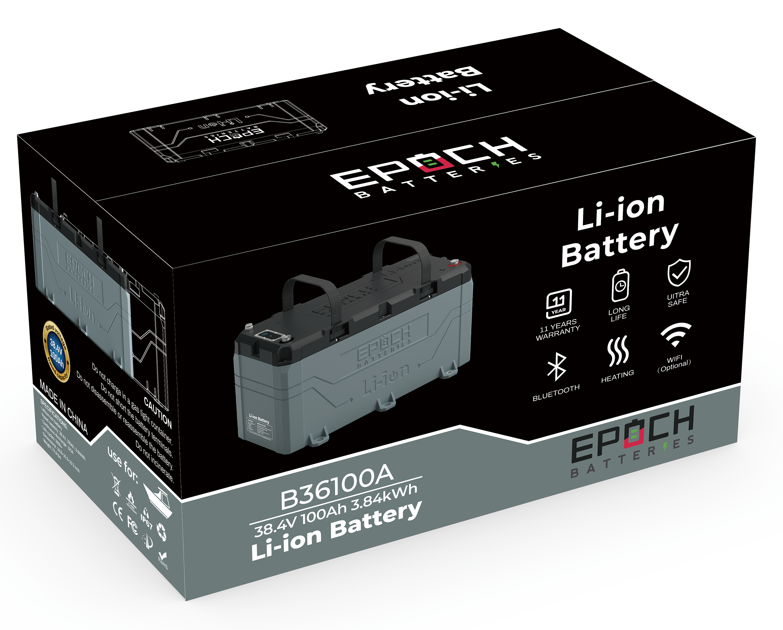 Epoch 36V 100Ah LiFePO4 Lithium Battery - Bluetooth, Heating, Waterproof (B36100A)