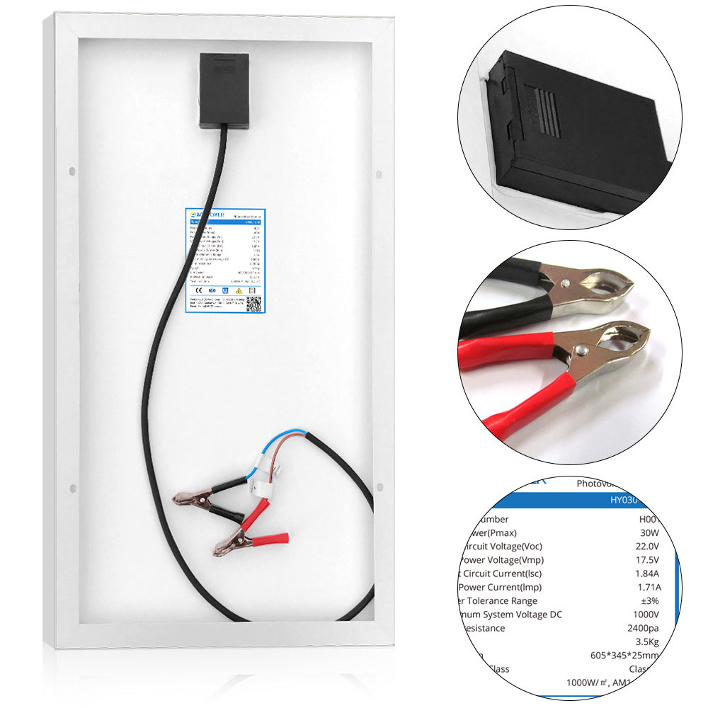 ACOPower 30W 12V Solar Charger Kit, 5A Charge Controller with Alligator Clips HY-CKM-30W