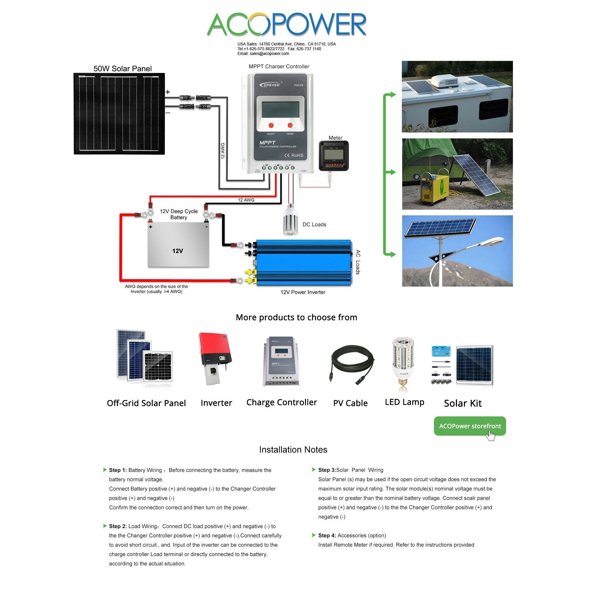 ACOPOWER 50 Watt 12 Volt Monocrystalline Solar Panel HY050-12M